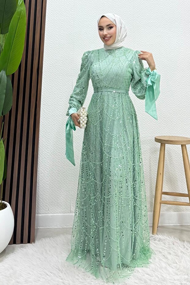 Sleeveless Satin Evening Dress Water Green
