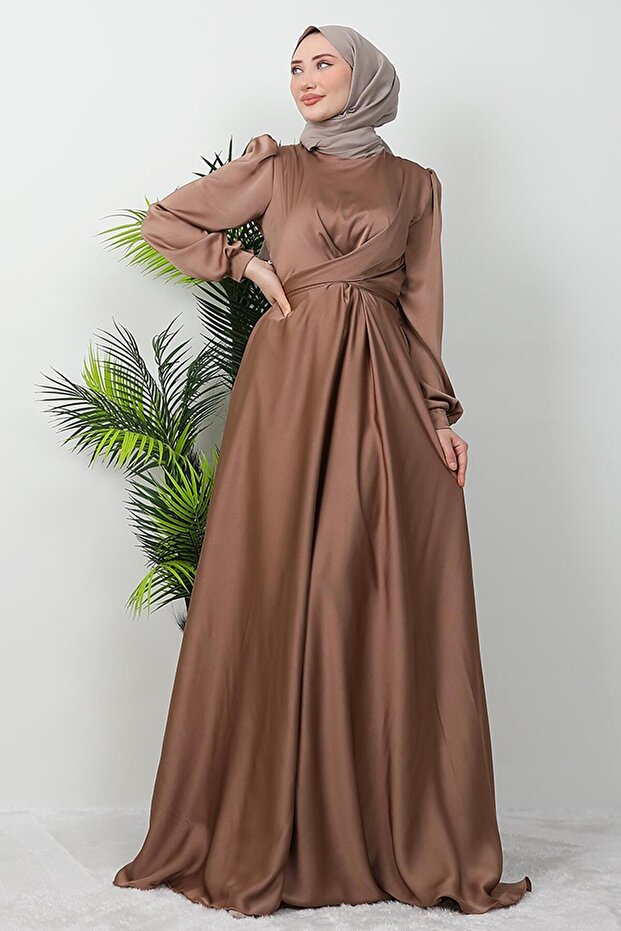 Cross Belted Evening Dress Milk Coffee