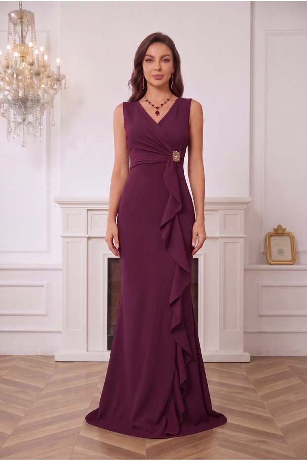 Women's Double Breasted Collar with Flounces on the Front and Gold Stones, Plum Color Women's Evening Dress, Graduation Dress