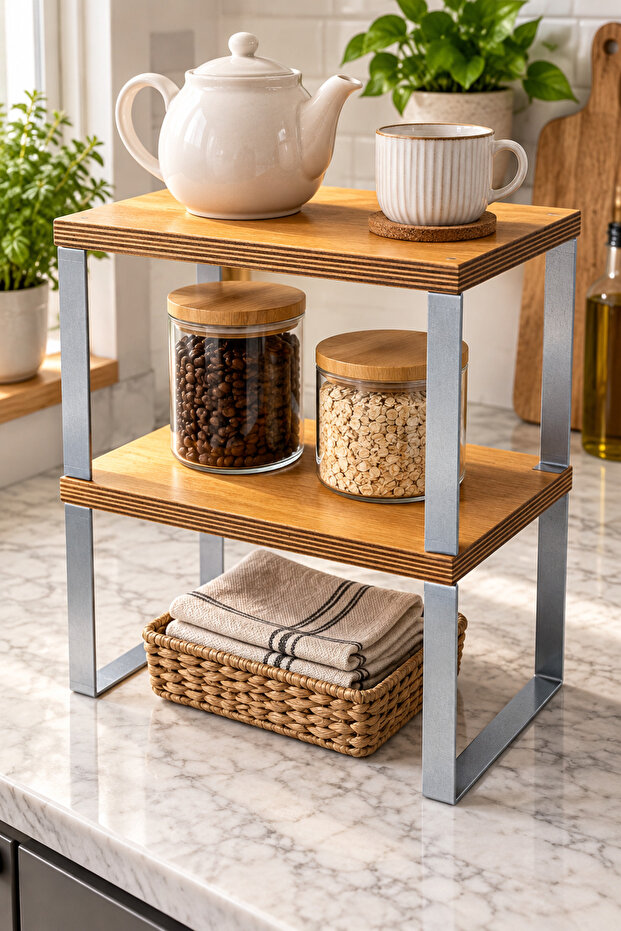 2 Pieces of Natural Wood Handmade Cabinet Organizer Plate Cup Bathroom Shelf