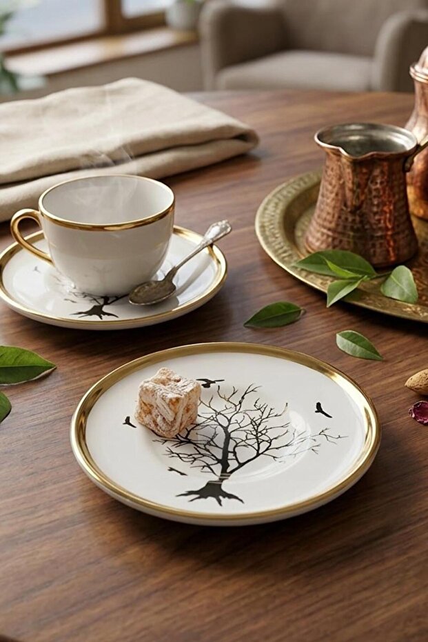 2-Piece Gilded Tea Plate-White Tea Plate Set Tree of Life