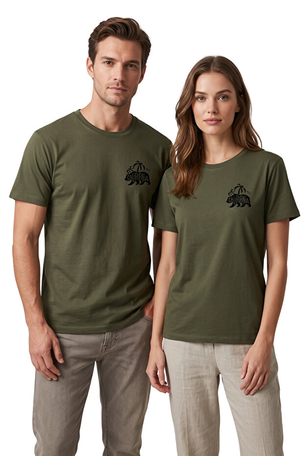 California Bear Printed Khaki T-Shirt 100% Cotton Comfortable Fit
