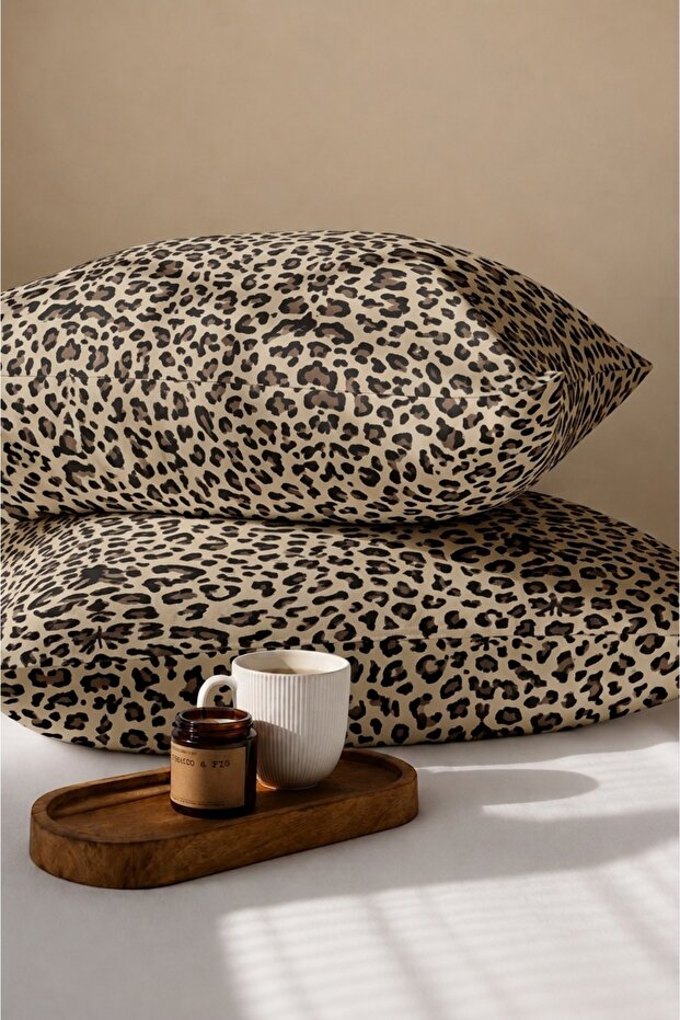 Cheetah Patterned Cotton Ranforce Fabric Zippered Pillowcase 2 Pieces 50X70 cm