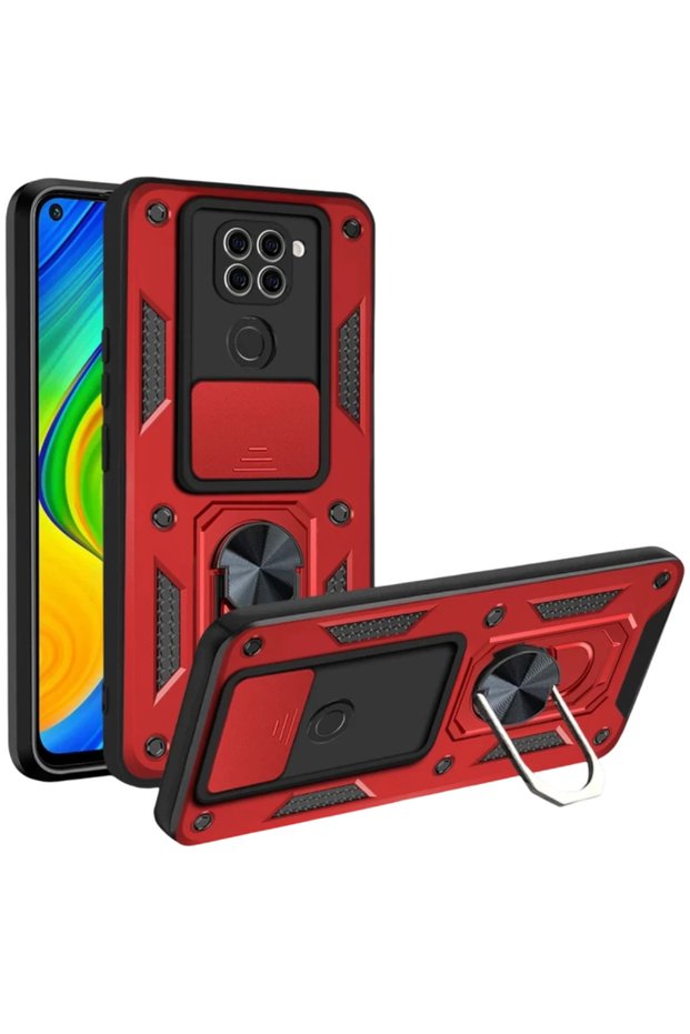 حافظة سيليكون متوافقة مع هاتف Xiaomi Redmi Note 9 4G مع حلقة عدسة Pars - أحمر
