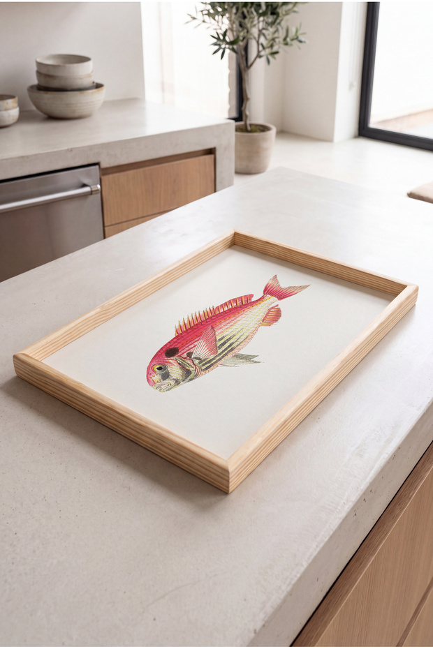 Red Pink Fish Patterned - Rectangular Coffee Presentation, Engagement, and Serving Tray with Natural Wood Frame