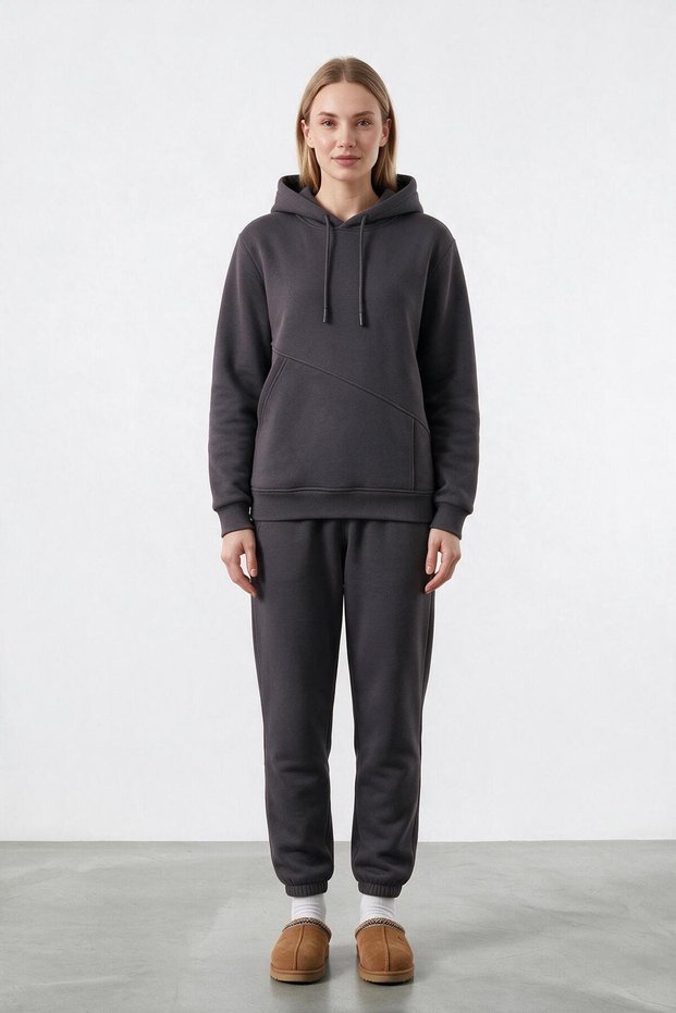 Women's Smoked 3-Thread Hooded Tracksuit Set with Fleece Inside and Side Pockets