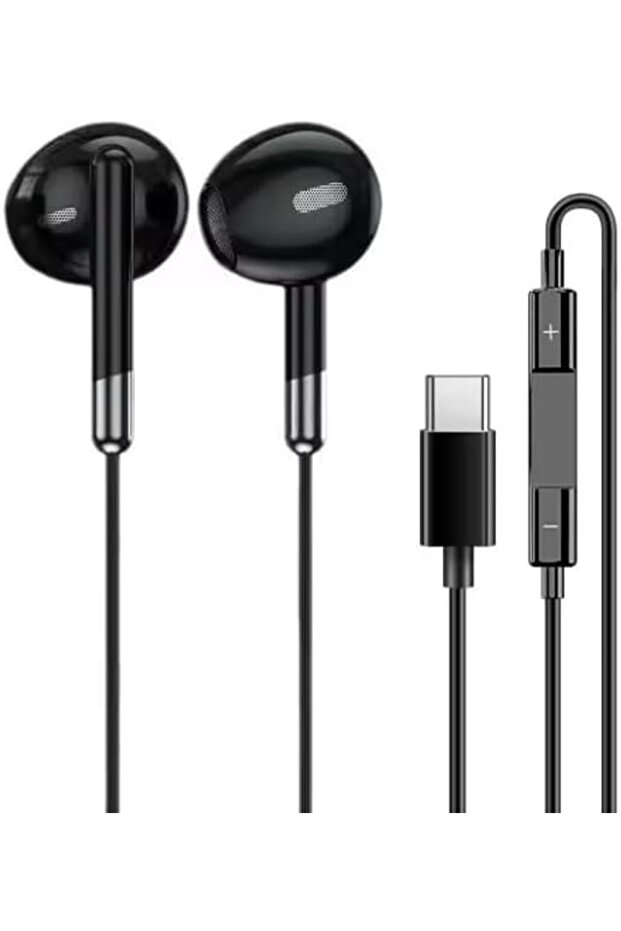 سماعات أذن سلكية مع موصل USB-C، ميكروفون مدمج وتحكم في مستوى الصوت، باللون الأسود