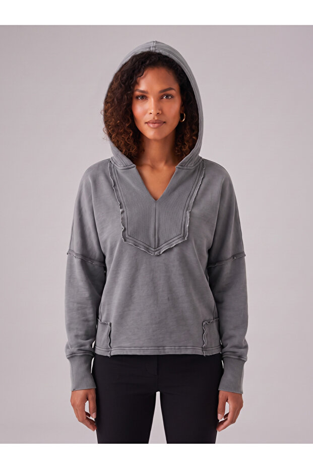 Women's Gray V-Neck Hooded Sweatshirt with Stitching Detail and Piece-Dye Washed Effect, 100% Cotton