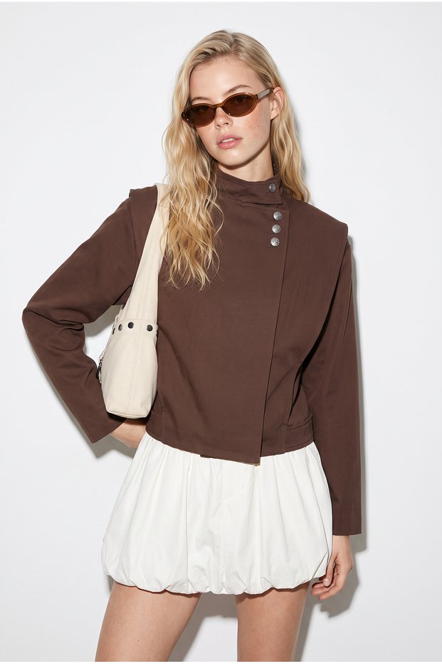 Women's Bitter Coffee Color Stand Collar Metal Button Detailed Lined Pocket Short Trench Coat 2815 60286458