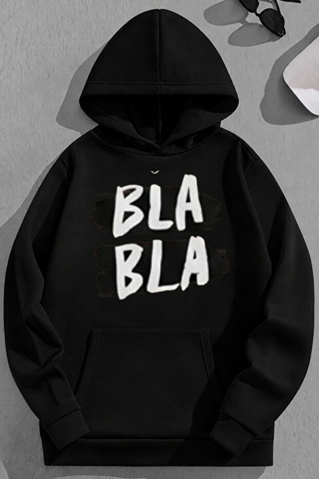 Unisex 3 Thread Cotton Black Blabla Print Loose Fit Sweatshirt Hoodie