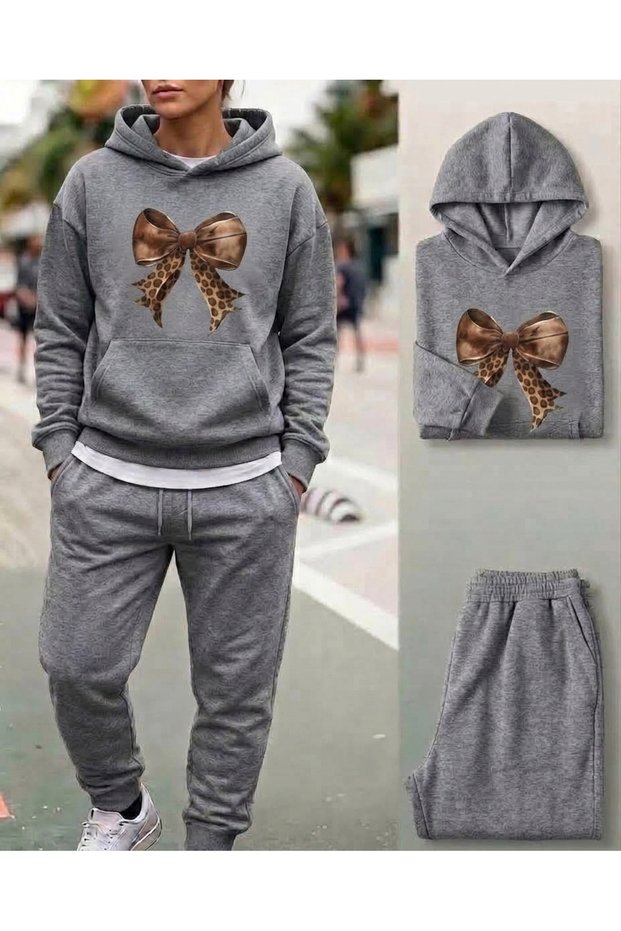 Women's Leather Look Bow Printed Hooded/Crew Neck Sweatpants Set Oversize