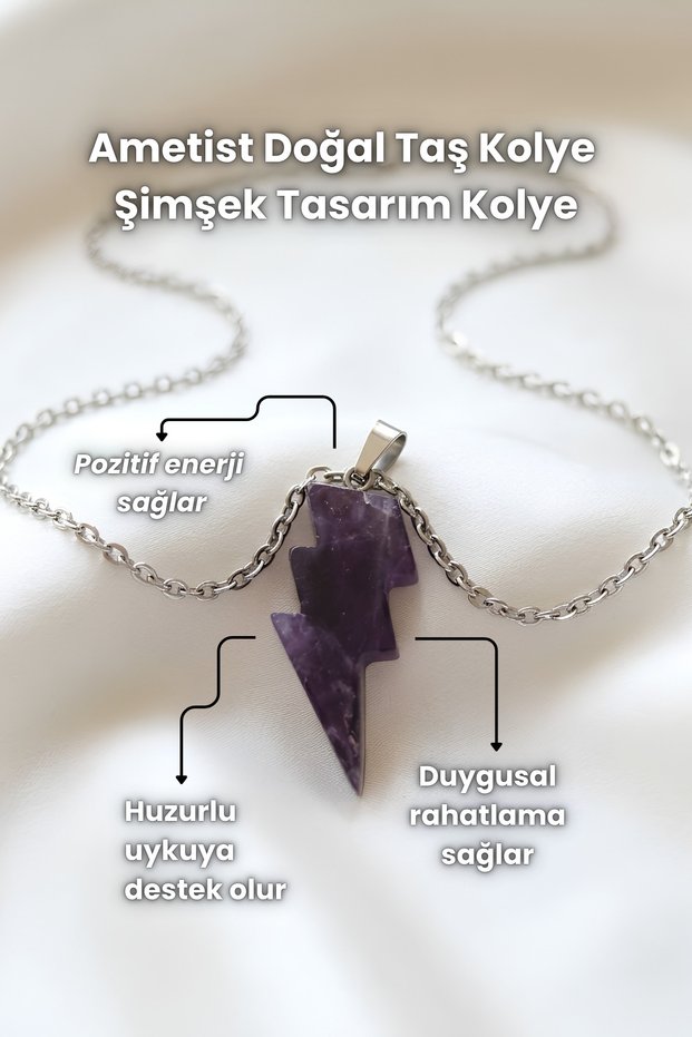Amethyst, Pink Quartz Natural Stone Pendant Lightning Design Necklace