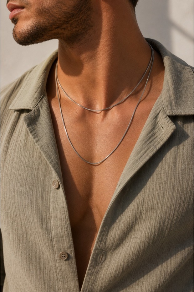 Men's 2-Piece Thin Snake Chain Steel Necklace Set – 45 cm and 55 Cm, Silver Color