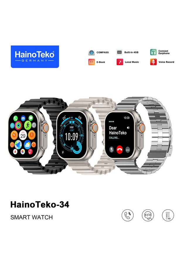 -34 Ultra Design Smart Watch with 2.02 Inch AMOLED Display Bluetooth Calling, 4GB Storage, Compass, Local Music, Voice Recorder and 3 Pair Straps Designed for Ladies and Gents
