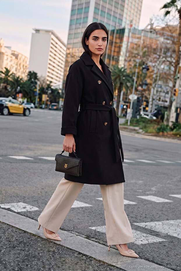 Double-Breasted Collar Buttoned Belted Cashmere Coat Women's Cashmere Coat 611Kbn48