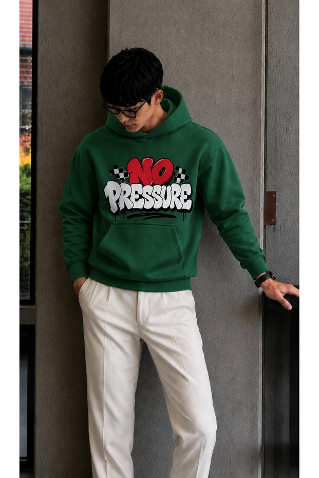 Men's Street Style No Pressure Checkered Detailed Typography Graphic Printed Hooded Men's Sweatshirt