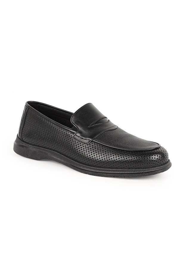 L5925 Men's Genuine Antique Leather Perforated Breathable Flexible Rubber Sole Loafer