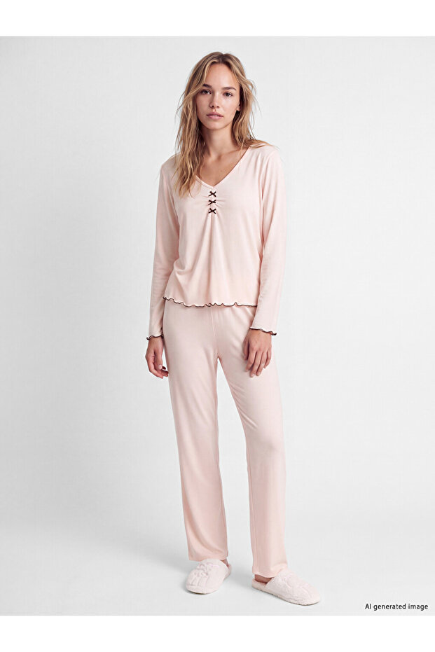 Ozmarka New Season Pink V-Neck Women's Pajama Set