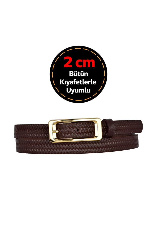 100% Genuine Leather, 2 cm Dark Brown Knitted Patterned Women's Belt with Gold Color Buckle; Dress, Trouser Belt