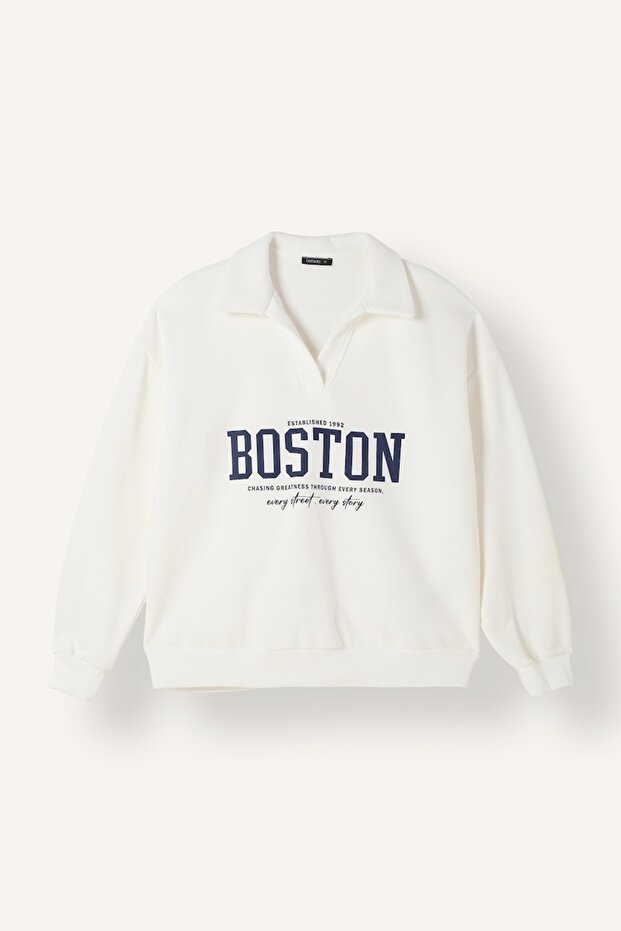 Relax Fit Open Polo Collar Printed Sweatshirt I3317Ax26Wn