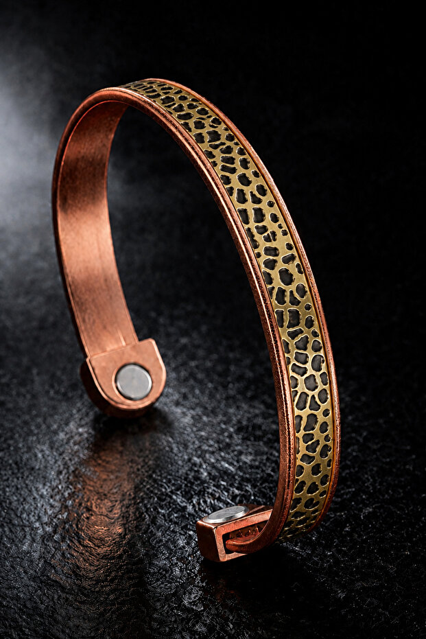 Leopard Patterned Leather Detailed Double Magnet Pure Copper Men's Bracelet Adjustable Cuff
