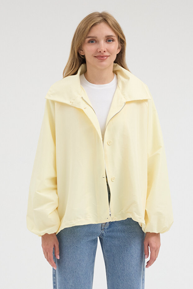 Relaxed Cut Seasonal Elastic Waist Detail Button Closure Jacket # 9191