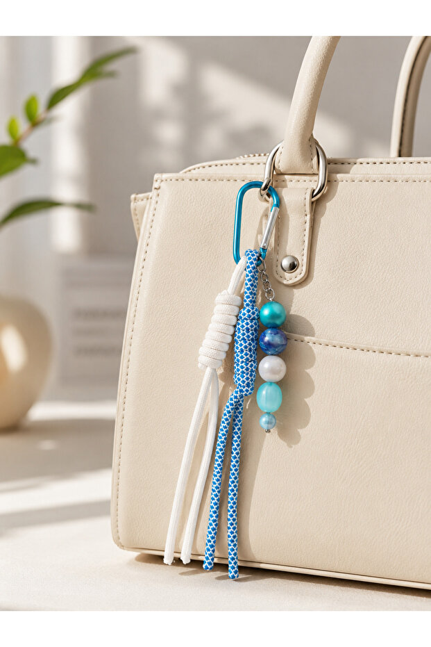 Blue and white beaded bag charm