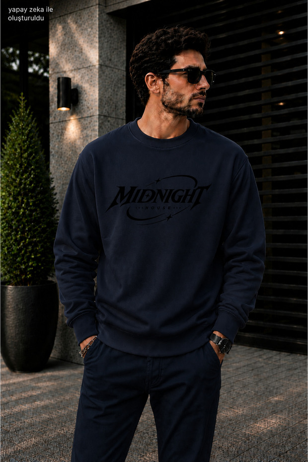 Men's Midnight House Typography Printed Cycling Round Neck Casual Sweatshirt