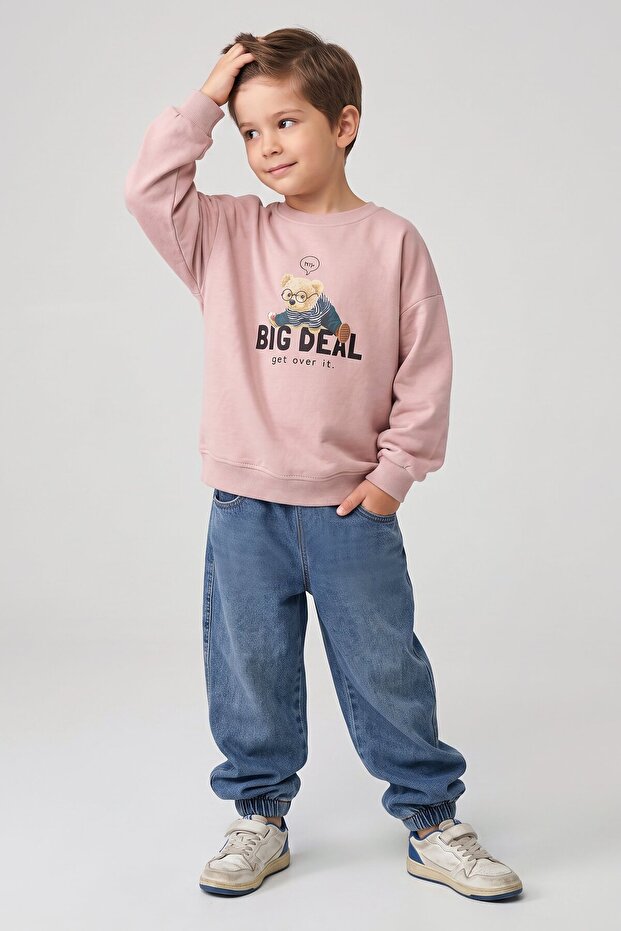 Boys' Printed Sweatshirt and Soft Denim Pants Set with Elastic Cuffs - Comfortable Fit