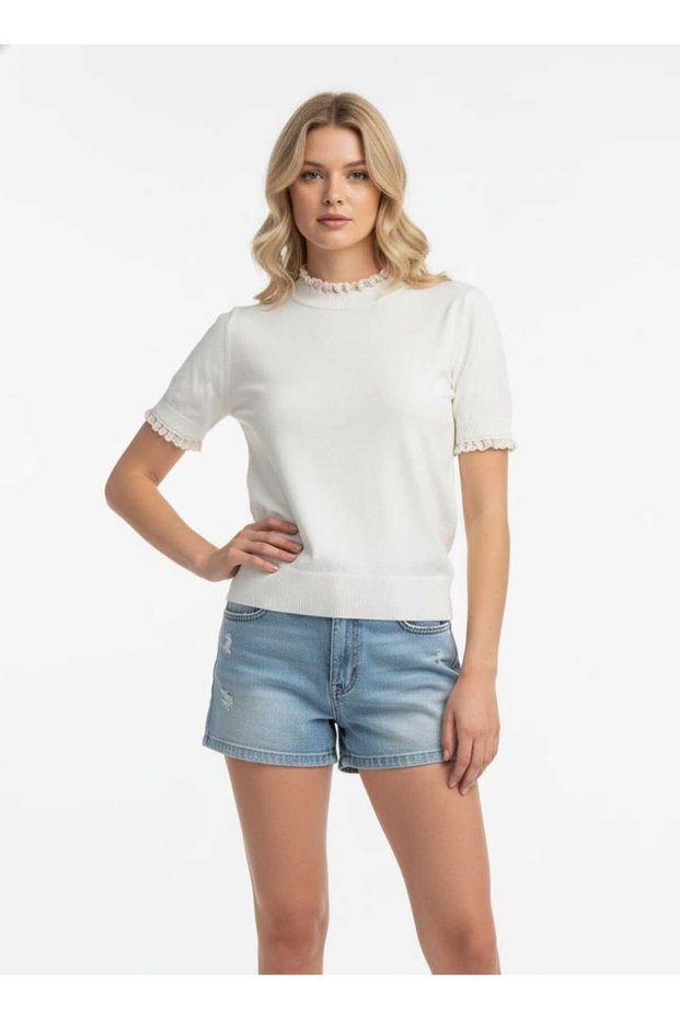 Women's Collar and Sleeve Lace Detailed Short Sleeve Knitwear Blouse