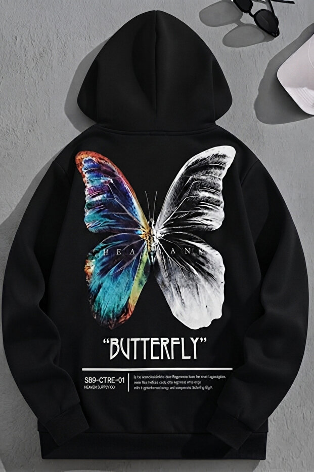 Unisex 3 Thread Cotton Black Butterfly Print Loose Fit Sweatshirt Hoodie