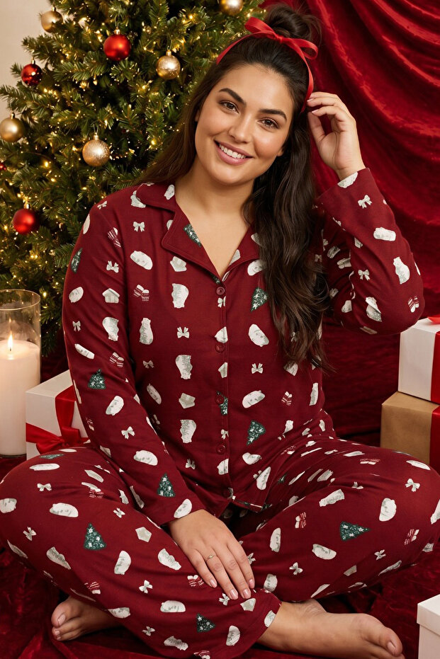 Burgundy New Year's Themed Patterned Thermal Fabric Ultra Soft Plus Size Oversized Buttoned Knitted Pajama Set