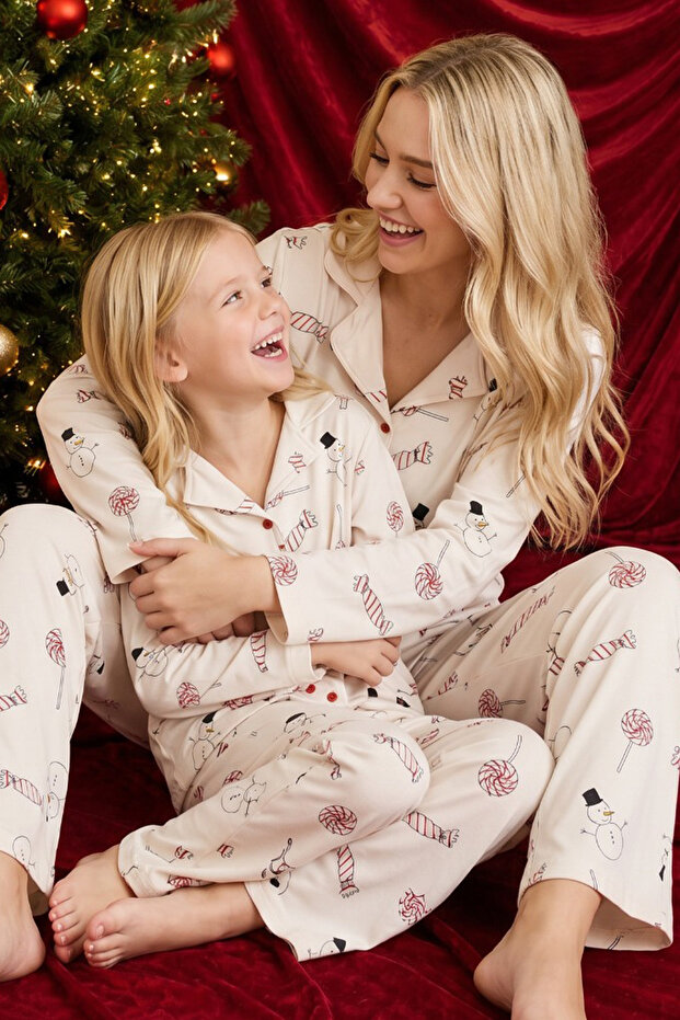 Cream Patterned Thermal Fabric Ultra Soft Buttoned Knitted Pajama Set