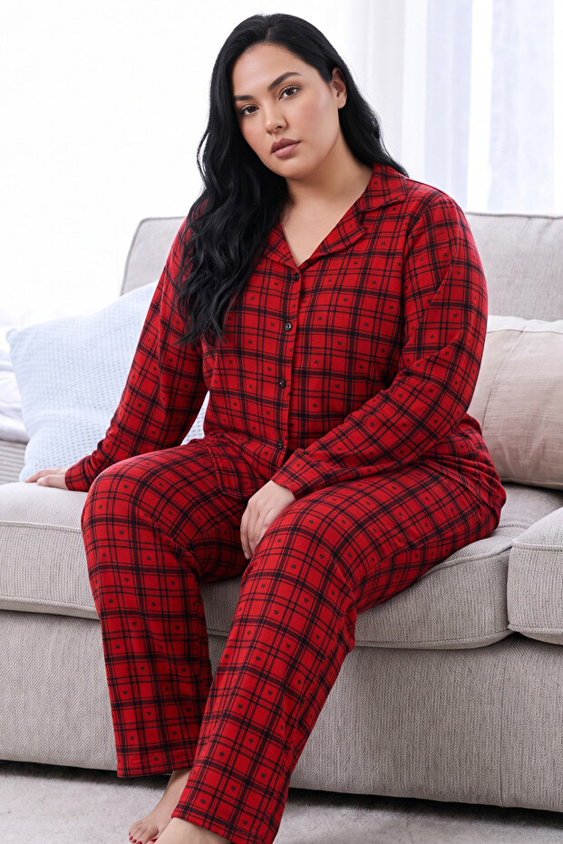 Red Plaid Patterned Thermal Fabric Ultra Soft Soft Plus Size King Size Buttoned Knitted Pajama Set