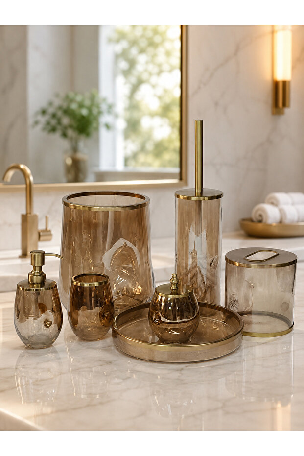 7 Piece Luxury Bathroom Accessory Set with Brass Details, Decorative and Stylish Set