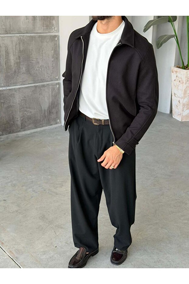 Suede Textured Zippered Jacket S - Black