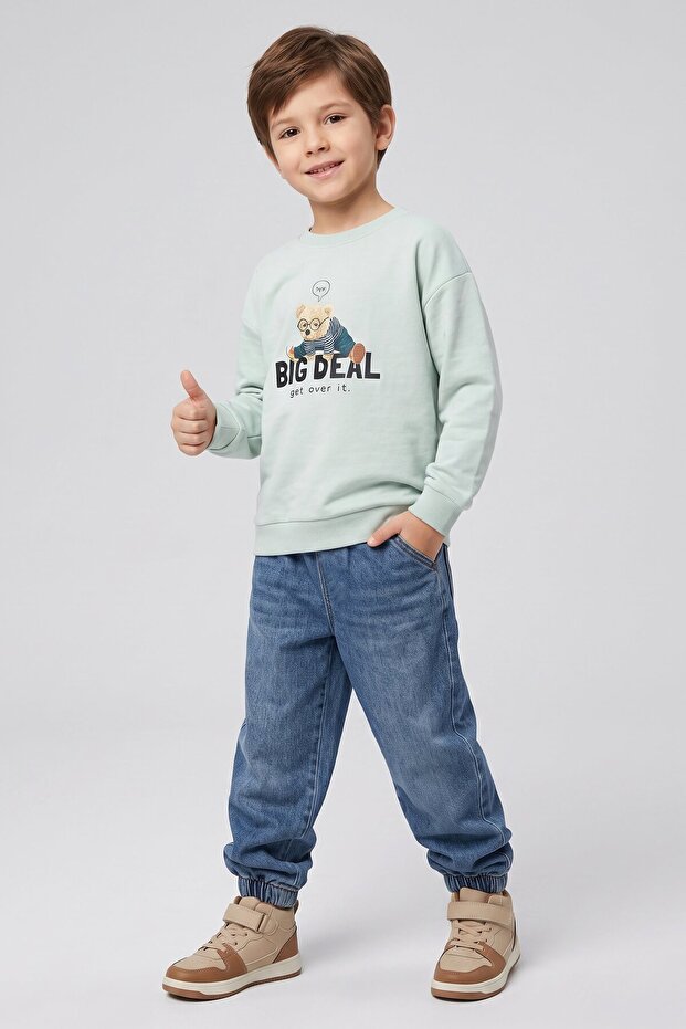 Boys' Printed Sweatshirt and Soft Denim Pants Set with Elastic Cuffs - Comfortable Fit