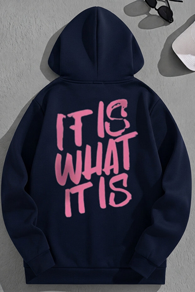 Unisex 3 Thread Cotton Navy Blue Itiswhat Print Loose Fit Sweatshirt Hoodie