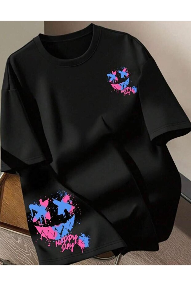 Unisex Neon Happy Day Eyes Exclamation Mark Visually Printed Crewneck T-Shirt