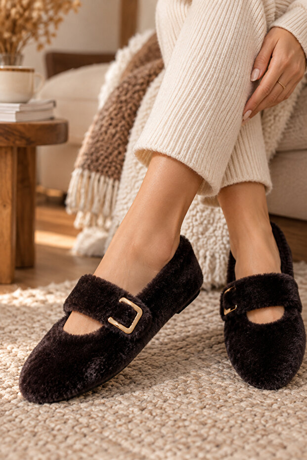 Mare Buckle Detailed Elastic Plush Women's House Slippers Bundle Dowry Slippers Brown