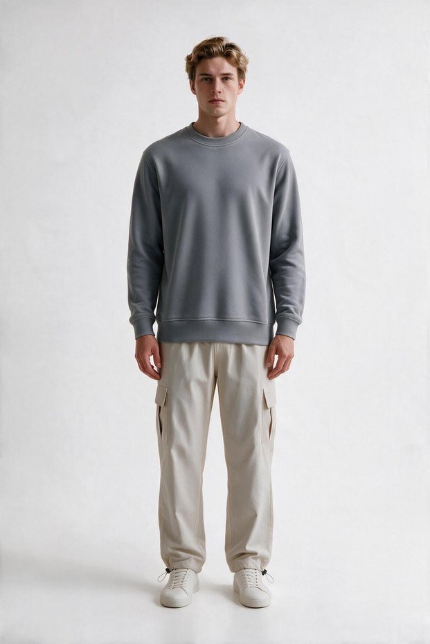 3 İp Men's Stone Color Crew Neck Casual Sweatshirt