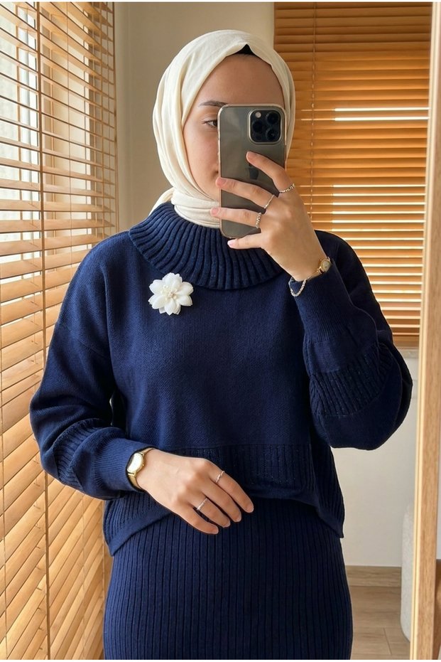 Women's Ribbed Long Knitwear Jile Dress and Sweater Two-Piece Set Hijab