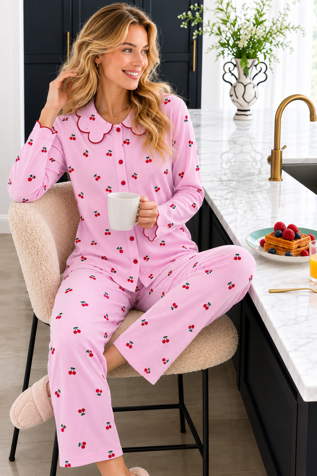 Raporlu Viscose Long Sleeve Patterned Pajama Set