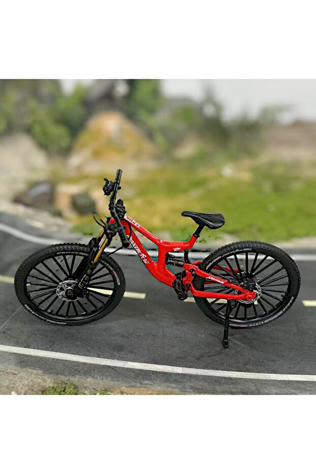 red without base 1:8 Alloy mountain bike model with base - features realistic gears and dual suspens