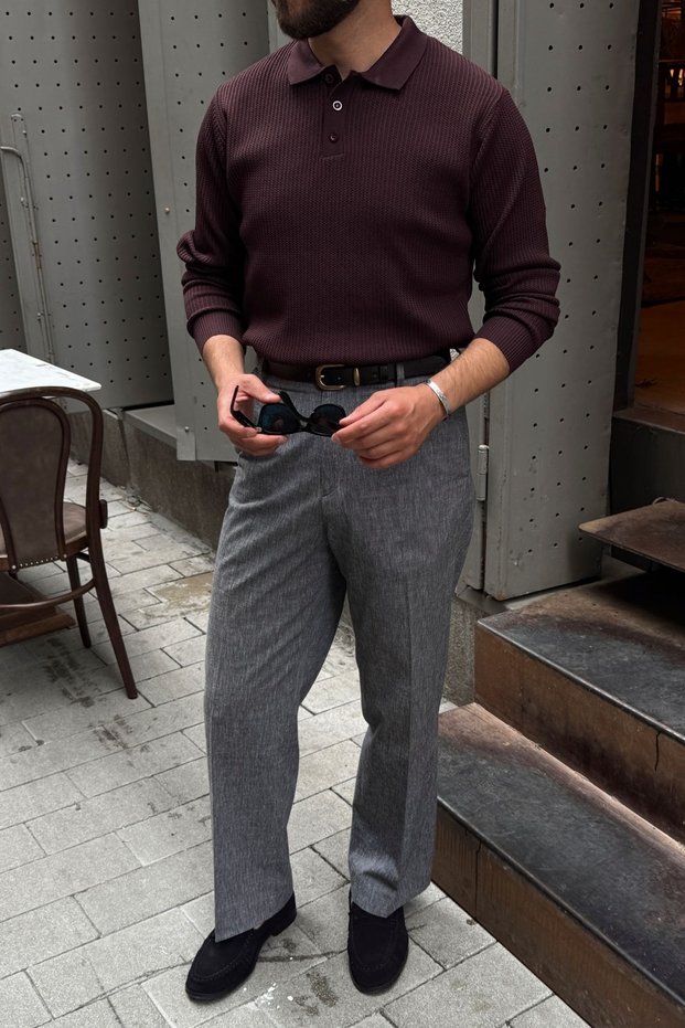 Arco Premium Textured Knitwear Buttoned Polo Collar Long Sleeve Plum Men's Sweater