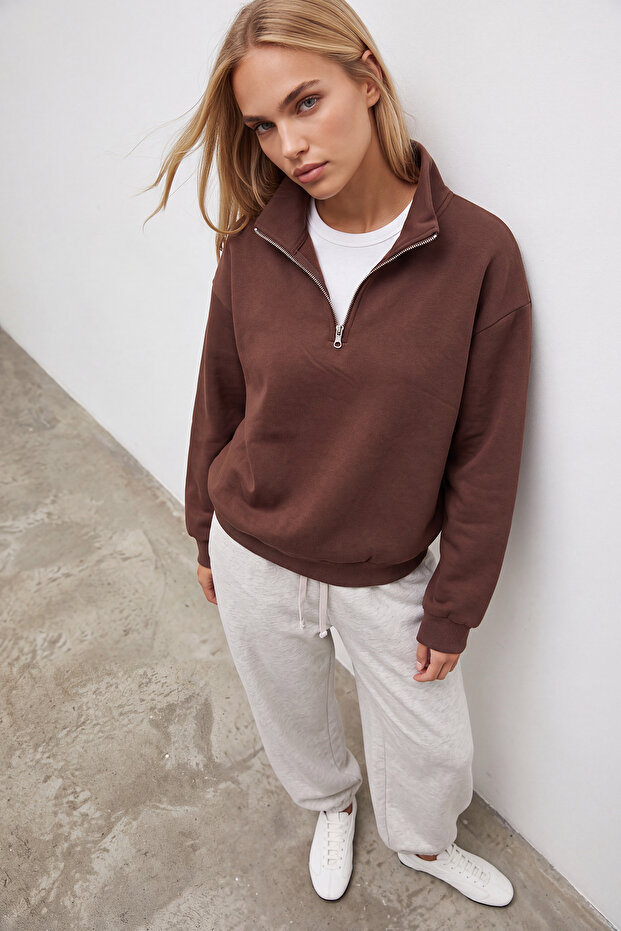 Women's Brown Stand Collar Zippered 3 Thread Inner Ribbed Oversize Sweatshirt Alc-X15729