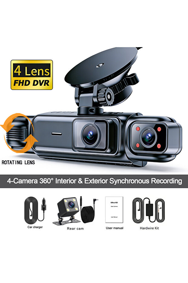 No SD Card 4-CH-Hardwire kit 4 Channel 360° Dash Cam Black Box for Car Video Recorder DVR Camera FHD