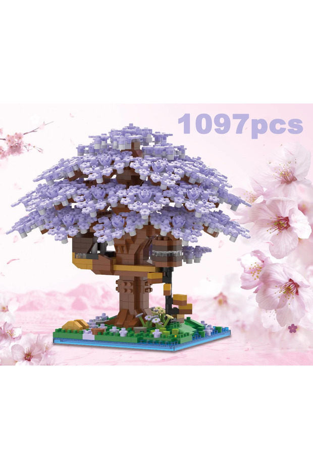 opp bag DIY Purple Romantic Cherry Blossom Flower Pink Tree House Assembly Building Blocks Classic M