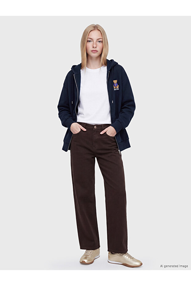 Xside Navy Blue Teddy Embroidered Women's Thick Zippered Sweatshirt