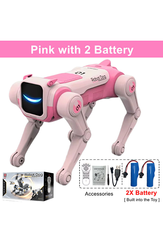 Pink with 2 Battery RC Mechanical Dog Intelligent AI RC Robot Dog Voice Command Programmable Singing